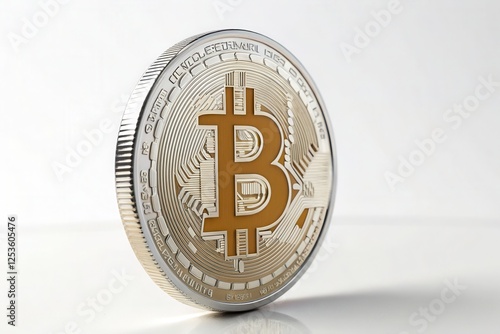Close-Up of Detailed Bitcoin Coins in Shimmering Gold and Platinum Finishes on a White Background, Ideal for Representing Cryptocurrency Themes, Digital Investment, and Modern Finance Concepts