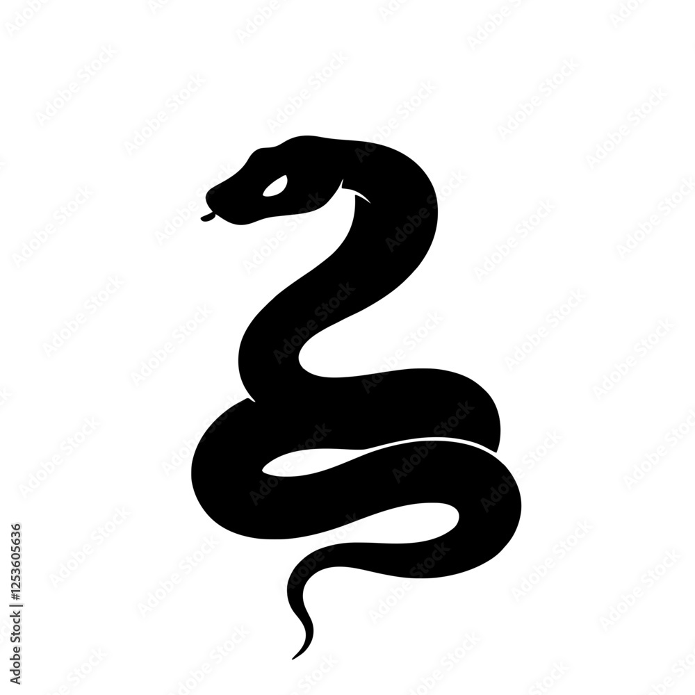 Obraz premium Minimalist black snake silhouette coiled in defensive stance on white background