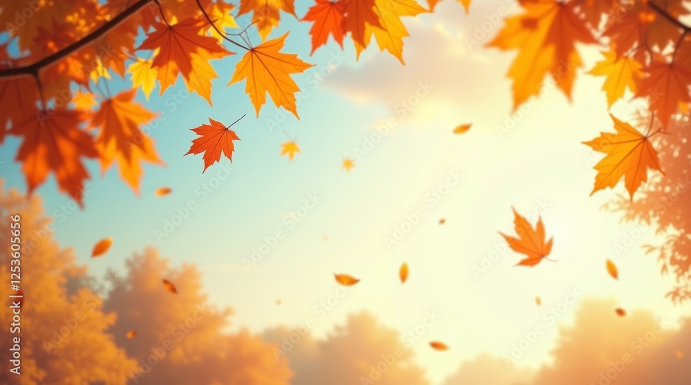 A serene autumn scene with vibrant orange maple leaves in the breeze, against a soft, blurred background of trees. Ideal for fall, nature, and seasonal designs A serene autumn scene with vibrant orange maple leaves in the breeze, against a soft, blurred background of trees. Ideal for fall, nature, and seasonal designs