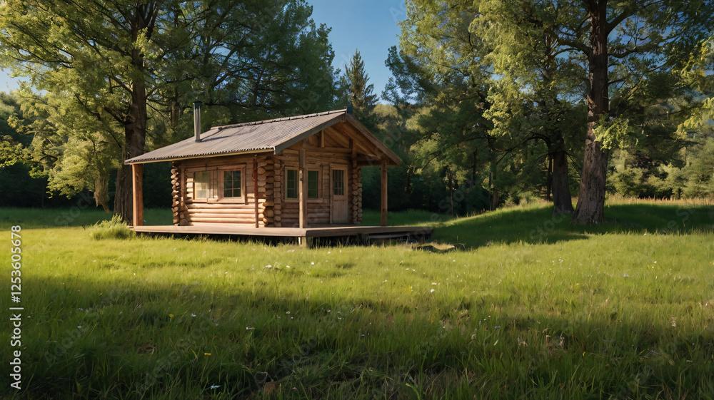 Fototapeta premium A charming wooden log cabin with a metal roof and a small porch nestles in a sun dappled grassy field, surrounded by tall trees.