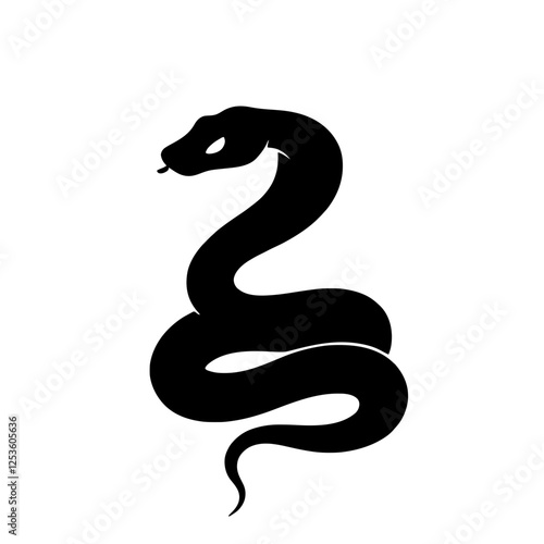 Minimalist black snake silhouette coiled in defensive stance on white background