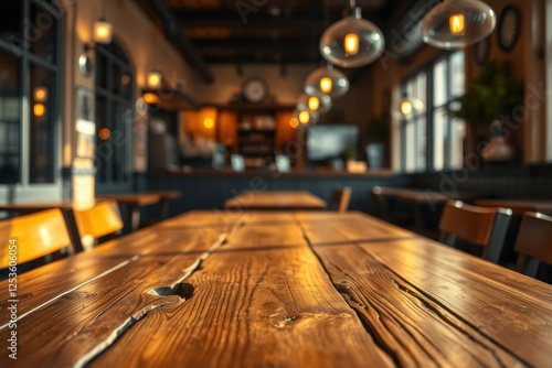An empty wooden table on the background of a cafe  bright mother-of-pearl light  with reflections and sharp shadows.