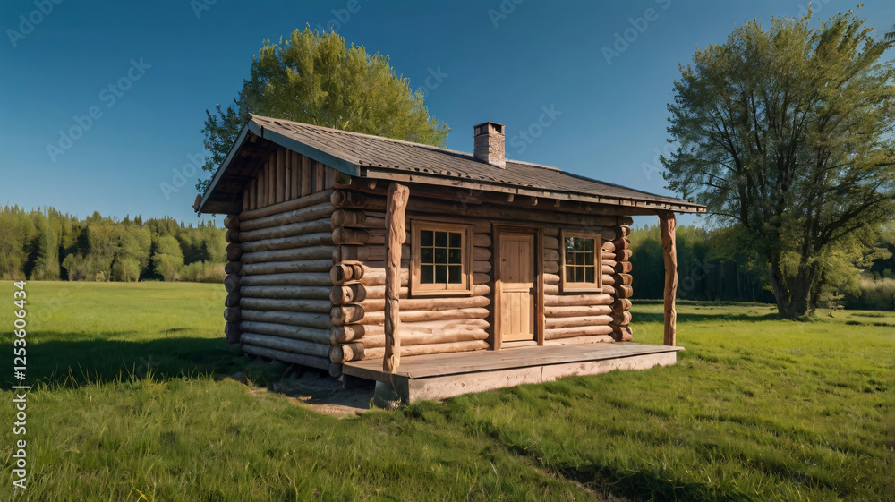 A rustic log cabin with a small porch stands on a grassy field, surrounded by trees under a clear blue sky. A rustic log cabin with a small porch stands on a grassy field, surrounded by trees under a clear blue sky.
