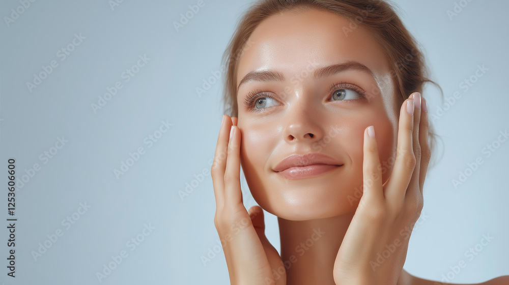 Beautiful woman touching face with perfect healthy skin is smiling and looking up Beautiful woman touching face with perfect healthy skin is smiling and looking up