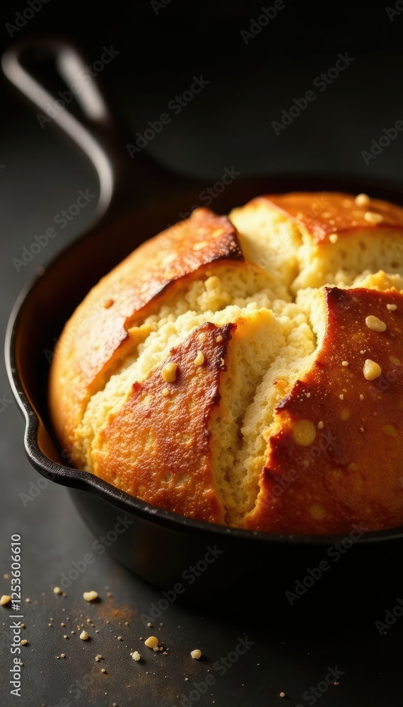 Artisan bread in cast iron with crackled crust and golden color, bread, baking Artisan bread in cast iron with crackled crust and golden color, bread, baking