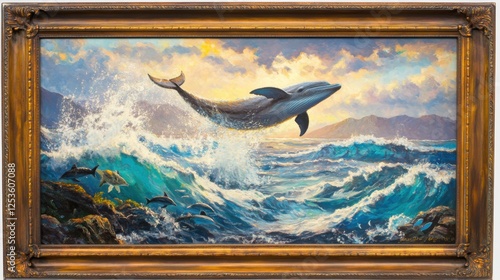 A breathtaking seascape where dolphins leap in the waves, schools of tropical fish weave through the water below, and the tail of a colossal whale breaches the surface in a powerful moment.