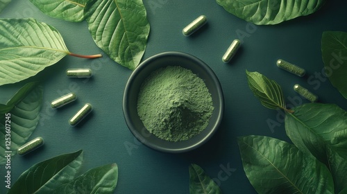 Herbal Fusion: Kratom Powder, Green Leaves, and Capsules in Traditional Medicine Display photo