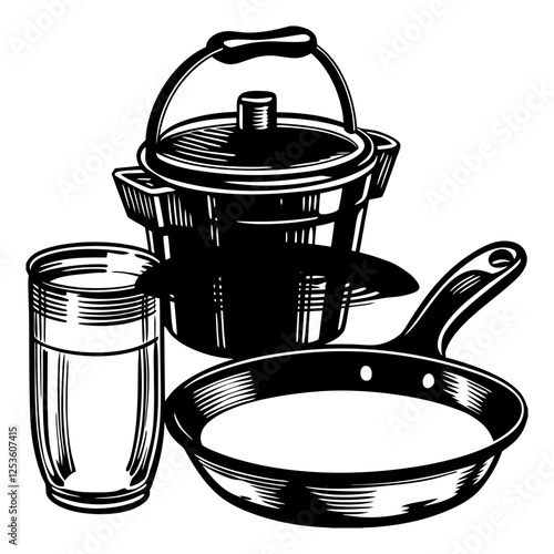 Cookware, cast iron cooking pot, nonstick pan, and glass