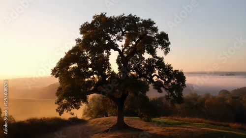 Wallpaper Mural A stunning sunrise casts warm light onto a solitary tree standing on a hill. The landscape reveals fog covering the valley, creating a serene, peaceful ambiance. Torontodigital.ca