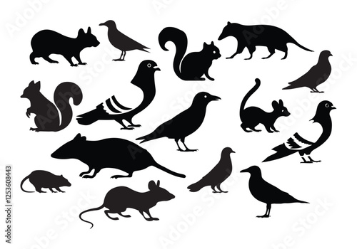 A sleek, modern silhouette vector design on a white background featuring urban animals pigeon, squirrel, raccoon, stray cat, rat, crow, seagull, and opossum. The animals are arranged
