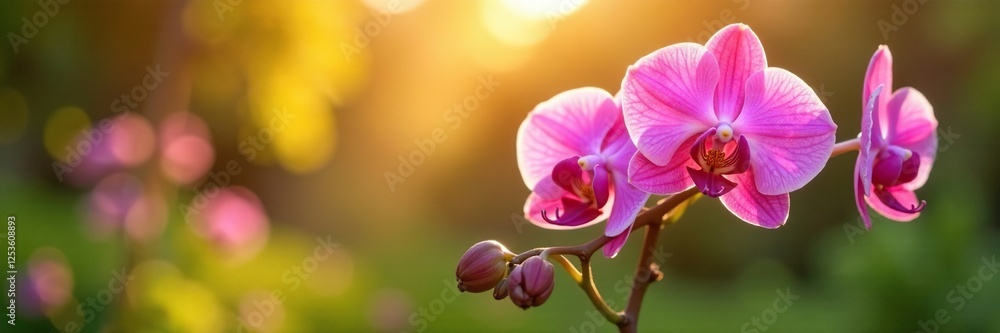 Pink orchid blooms in a sunny garden with warm light, sunshine, greenery, flowers Pink orchid blooms in a sunny garden with warm light, sunshine, greenery, flowers
