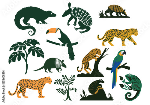 A vibrant, clean silhouette vector illustration on a white background showcasing rainforest animals a jaguar, a macaw, a sloth, a toucan, a capuchin monkey, an anaconda, a tree frog, and an armadillo.
