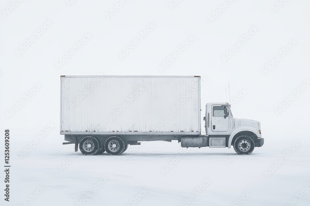 White truck on snowy road, winter transport, vast landscape White truck on snowy road, winter transport, vast landscape
