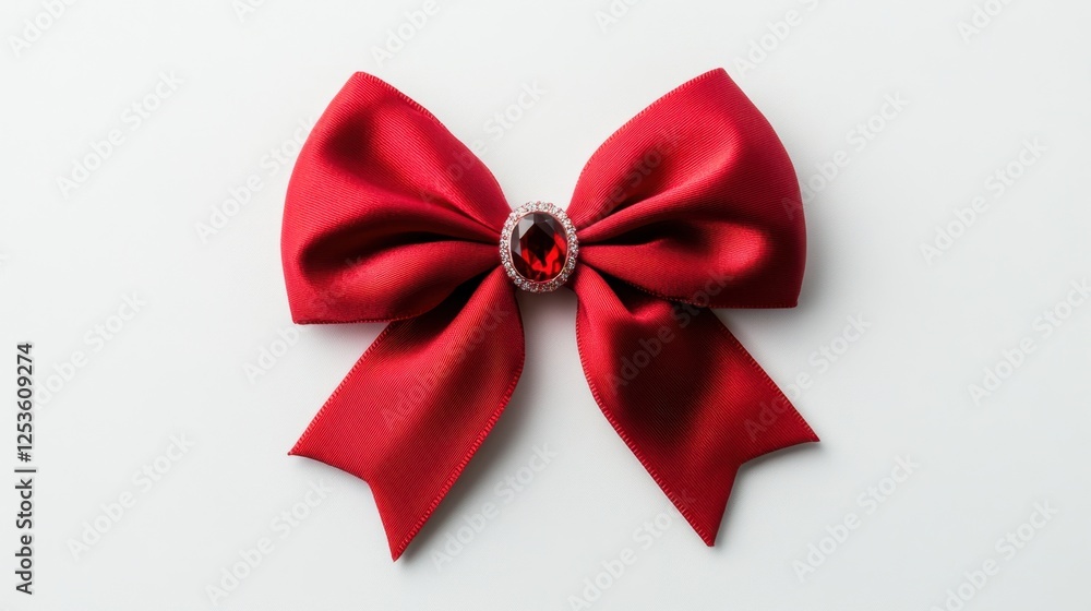 Radiant Heart-Shaped Red Ribbon Bow with Gem Isolated on White Background Radiant Heart-Shaped Red Ribbon Bow with Gem Isolated on White Background