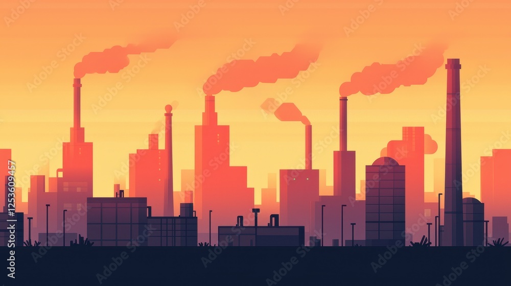 Obraz premium Industrial Skyline at Sunset with Smoke and Urban Outline