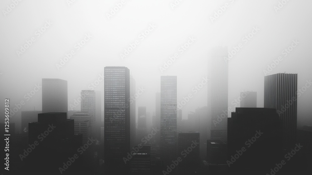 Urban skyline shrouded in fog, mysterious and atmospheric view Urban skyline shrouded in fog, mysterious and atmospheric view