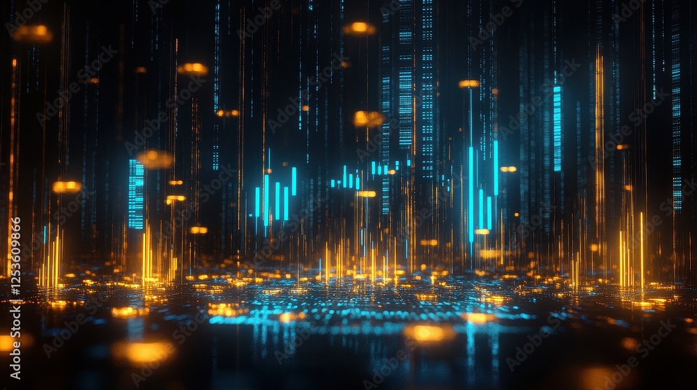 Digital stock market interface displaying fluctuating candlestick graph with glowing blue lines, golden coins scattered on reflective surface, futuristic finance and cryptocurrency trading theme. Digital stock market interface displaying fluctuating candlestick graph with glowing blue lines, golden coins scattered on reflective surface, futuristic finance and cryptocurrency trading theme.