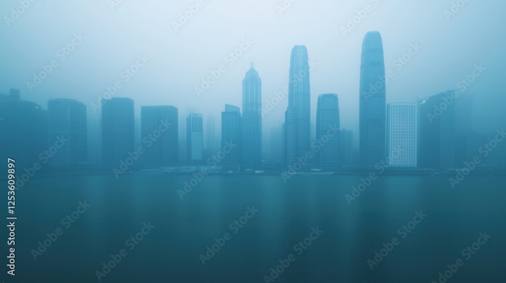 Atmospheric Urban Skyline with Fog and Water Reflection at Dusk Atmospheric Urban Skyline with Fog and Water Reflection at Dusk