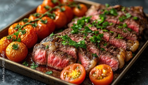 Sliced steak and roasted tomatoes on a baking sheet, ready to serve