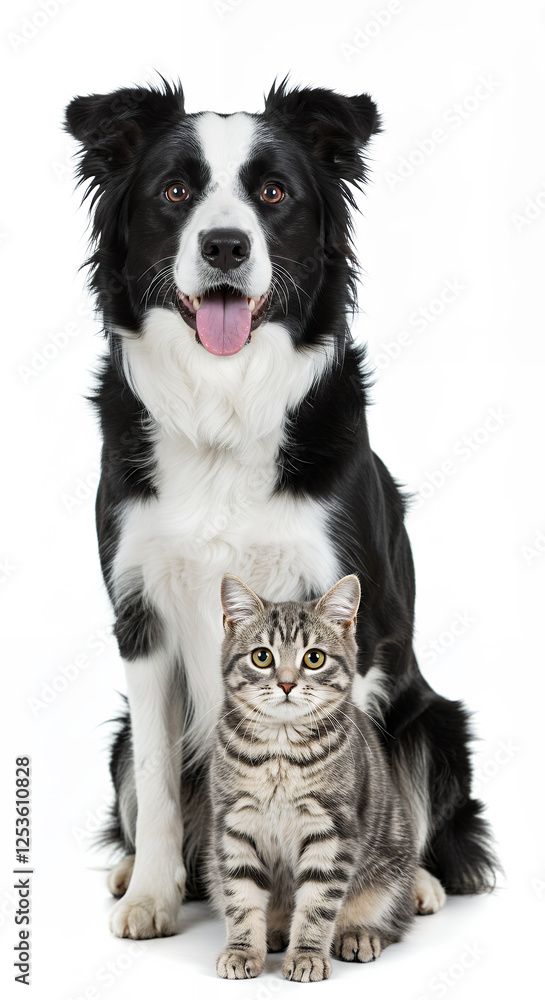 Adorable Cat and Dog Duo: A Paw-some Friendship! Kitten & Border Collie Portraits on White Adorable Cat and Dog Duo: A Paw-some Friendship! Kitten & Border Collie Portraits on White