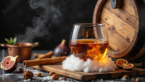 Elegant brandy snifter beside an aged oak barrel, indulgent atmosphere photo