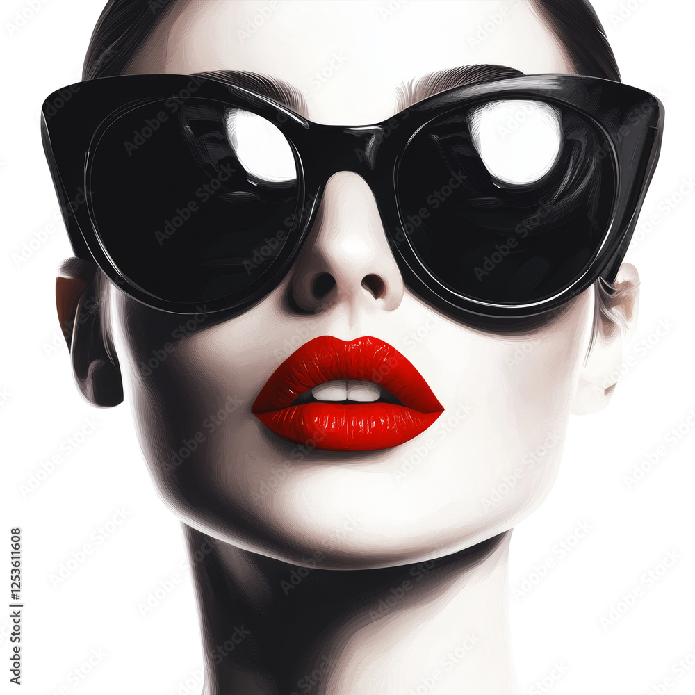 Elegant woman with bold red lipstick and oversized sunglasses art Elegant woman with bold red lipstick and oversized sunglasses art