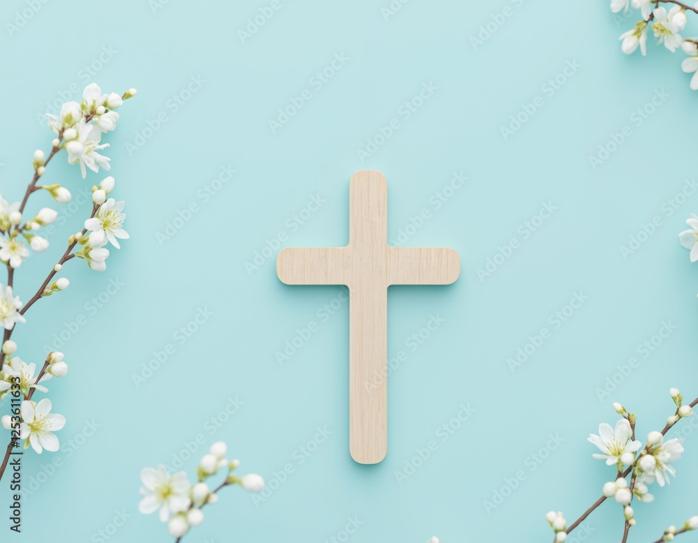 Wooden cross with white spring blossoms on branches against pastel blue background. Christian faith and Easter celebration concept. Spiritual and religious symbol. Copy space. Wooden cross with white spring blossoms on branches against pastel blue background. Christian faith and Easter celebration concept. Spiritual and religious symbol. Copy space.