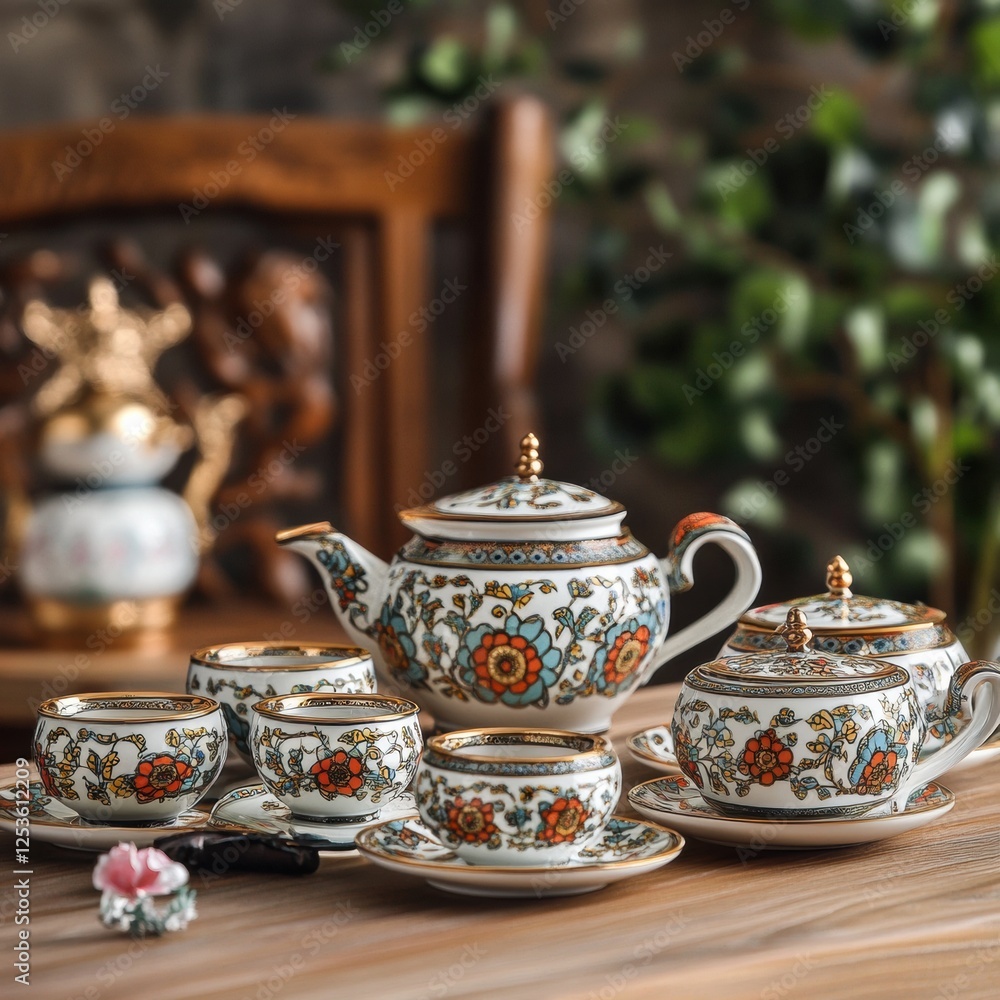 Beautifully crafted tea set with floral patterns arranged on a wooden table in a cozy indoor setting. Generative AI