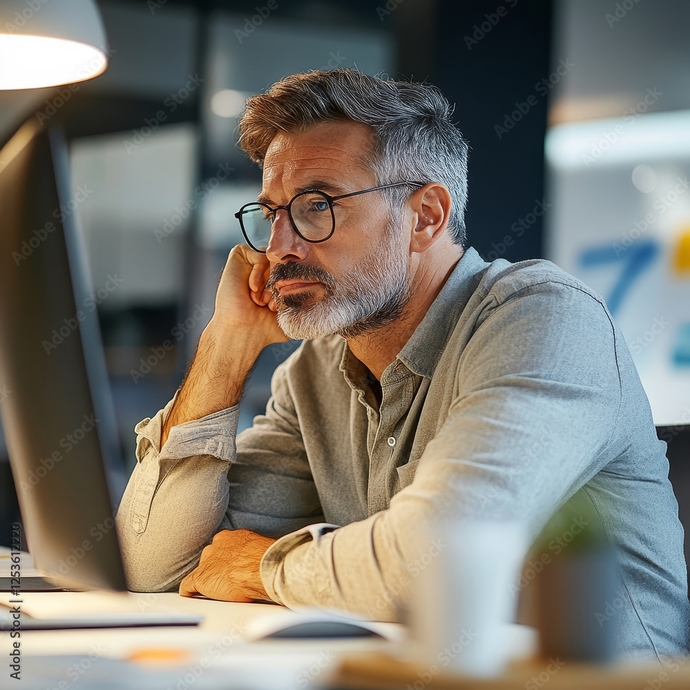a gray-haired architect sits at a modern office desk, looking gloomily at the computer screen. Scattered blueprints and tools reflect project struggles, his hand on his chin signals deep concern. a gray-haired architect sits at a modern office desk, looking gloomily at the computer screen. Scattered blueprints and tools reflect project struggles, his hand on his chin signals deep concern.