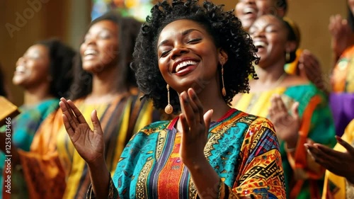 Gospel Choir Joy:  A joyous and vibrant gospel choir, predominantly African American, sings with passion and energy, their voices soaring in harmony, their faces radiant with happiness.  