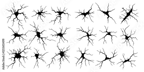 Set of ground cracks from a top view, earthquake cracks and holes, ruined and crushed land texture. Breaks on the land surface isolated on a white background. Broken wall with a glass pattern effect