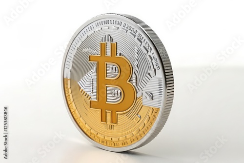 Close-Up of Detailed Bitcoin Coins in Shimmering Gold and Platinum Finishes on a White Background, Ideal for Representing Cryptocurrency Themes, Digital Investment, and Modern Finance Concepts