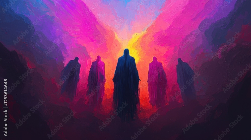 Ethereal Figures in a Colorful Dreamlike Landscape at Sunset Ethereal Figures in a Colorful Dreamlike Landscape at Sunset
