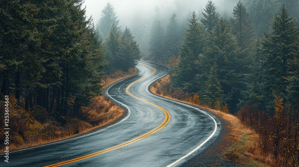 Fototapeta premium Winding road through misty forest, autumn drive