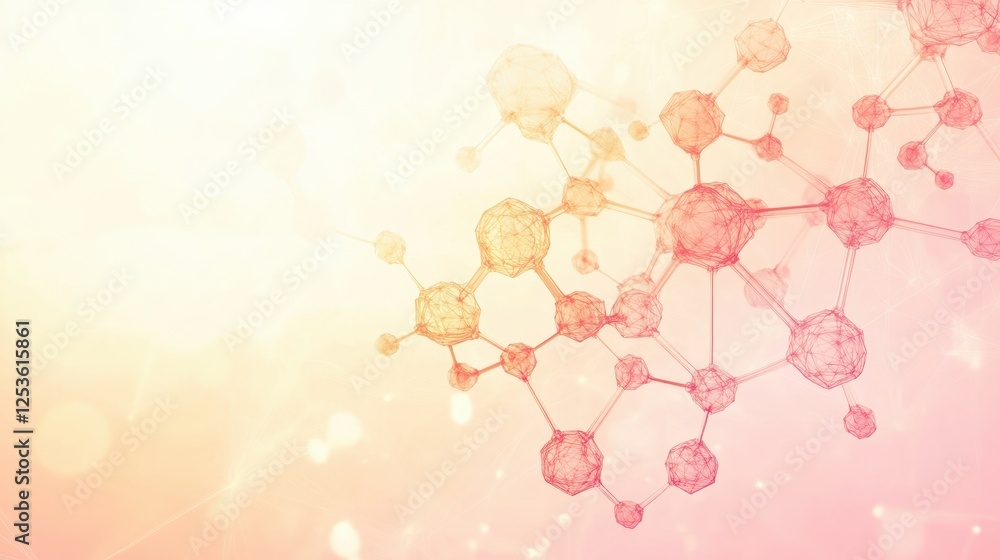 Abstract molecular structure with glowing nodes and connections, representing advanced research in scientific and medical fields, on a soft gradient background. Abstract molecular structure with glowing nodes and connections, representing advanced research in scientific and medical fields, on a soft gradient background.