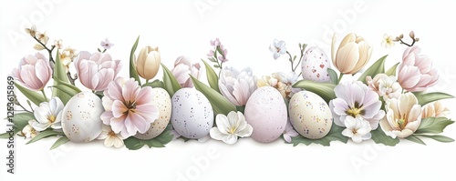Pastel Easter Eggs and Flowers Border on White Background