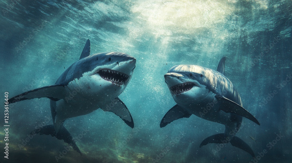 Obraz premium Majestic Great Sharks Swimming Gracefully Underwater with Sunlight
