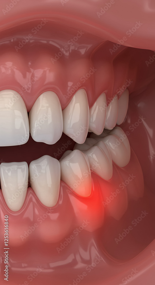 Obraz premium Gum Inflammation: Redness & Swelling Around Tooth. Understanding Gingivitis, Periodontal Disease & Oral Health. Dental Care Solutions