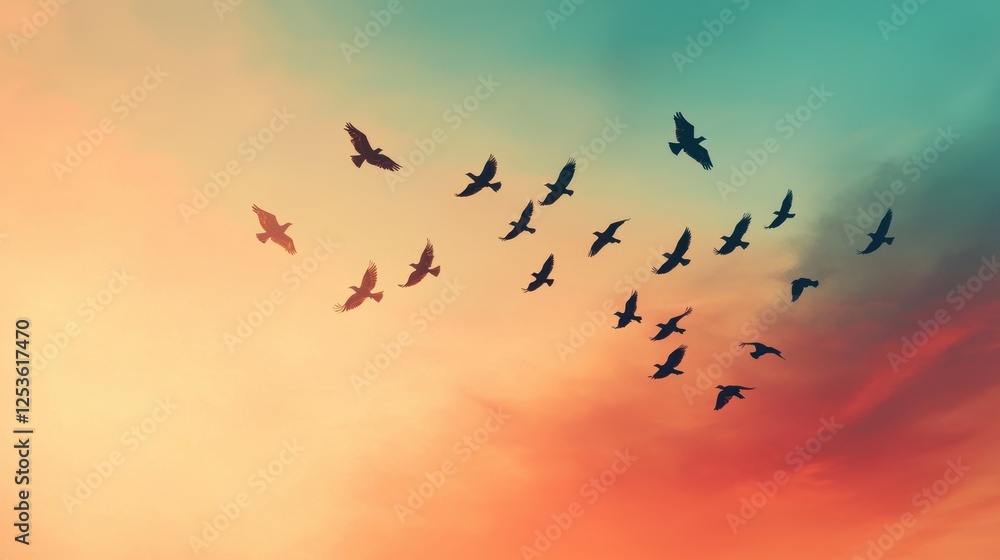 Fototapeta premium Flock of Birds Flying Against a Colorful Twilight Sky