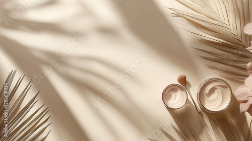 Minimalistic background with cosmetic products and palm leaves, flat lay, copy space for text, banner design, beige color palette, soft lighting, elegant aesthetic, close-up shot of two jars of cream 