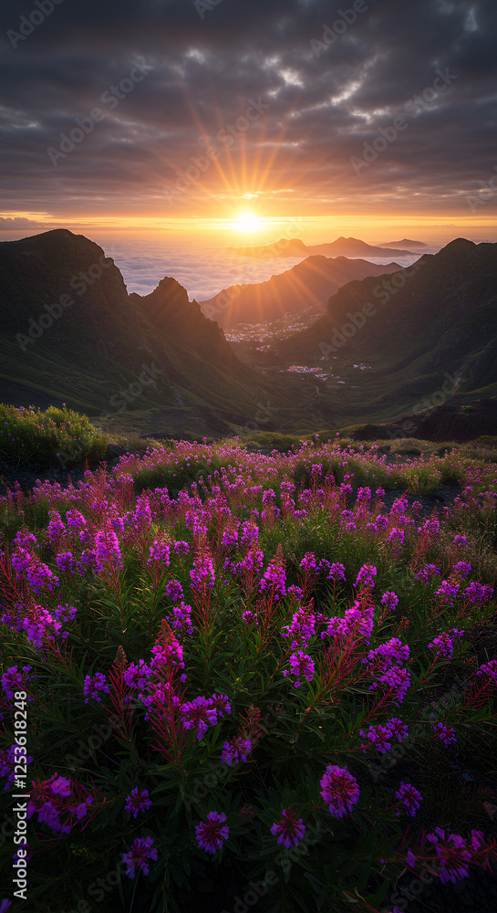 Fototapeta premium Sunrise Over Madeira Valley: Purple Flowers & Mountain Majesty | Breathtaking Landscape Photo