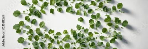 Watercress leaves arranged in a circle on a white background, food styling, decoration, fresh
