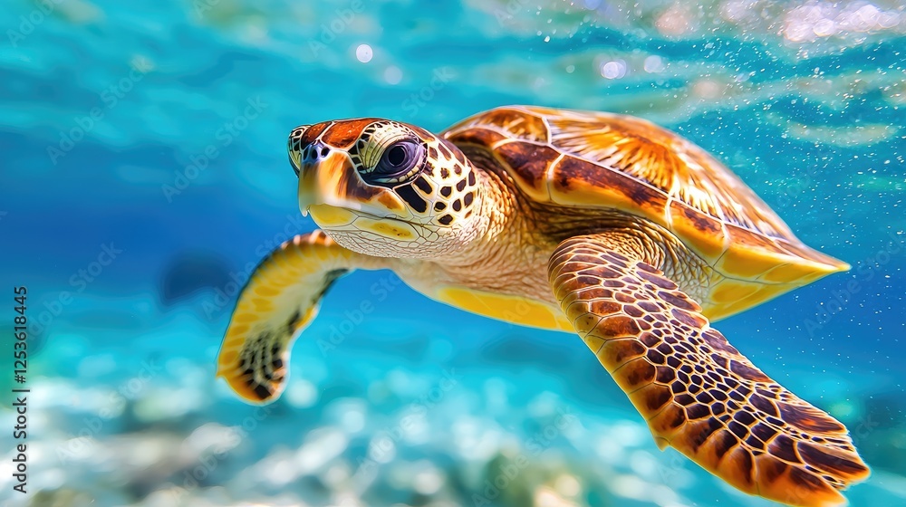 Obraz premium Green sea turtle swimming through clear blue tropical ocean water near a coral reef.