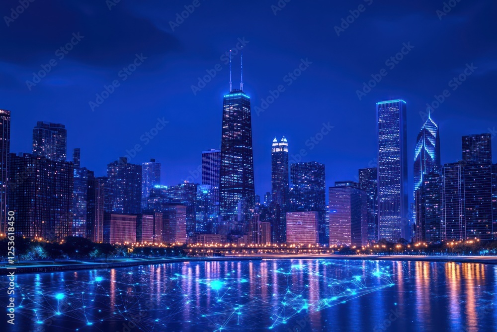 Obraz premium Nighttime Cityscape of Chicago with Illuminated Buildings and Reflective Water Surface