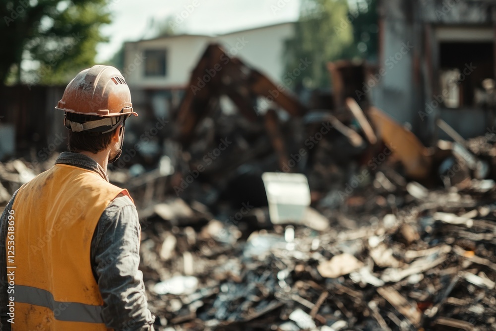 Construction Worker Observing a Demolition Site with Debris and Heavy Equipment in Background Construction Worker Observing a Demolition Site with Debris and Heavy Equipment in Background