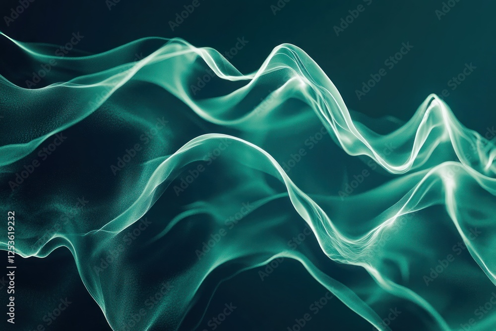Fototapeta premium Ethereal Flowing Waves of Light in Soft Teal and Aqua Shades on a Dark Background