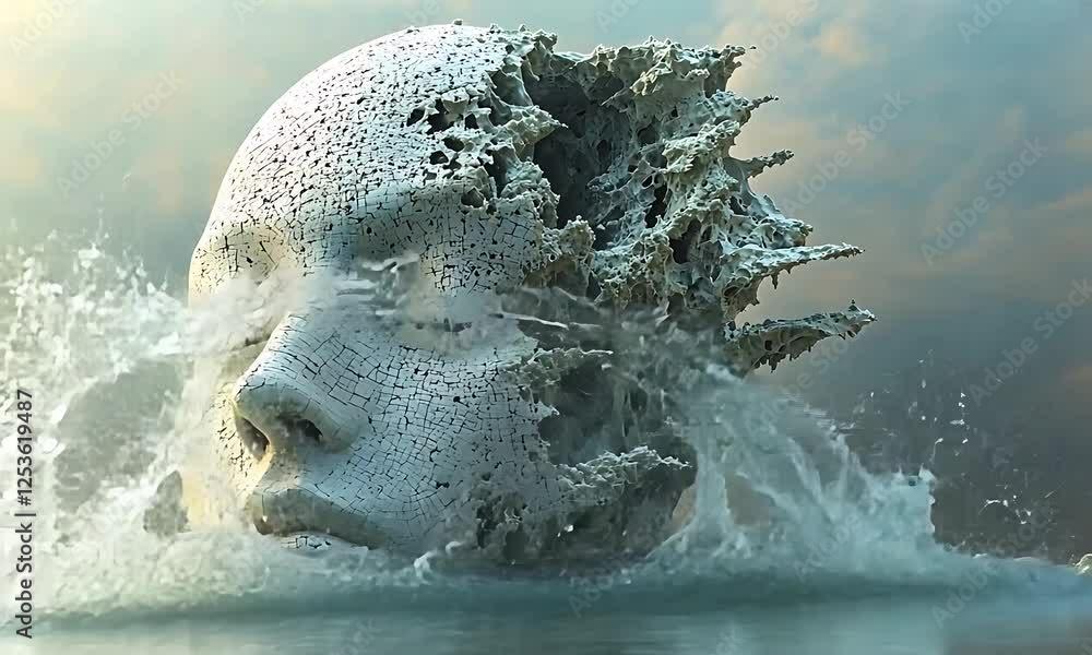A surreal sculpture of a serene face emerging from water, with a fragmented, textured surface. A surreal sculpture of a serene face emerging from water, with a fragmented, textured surface.