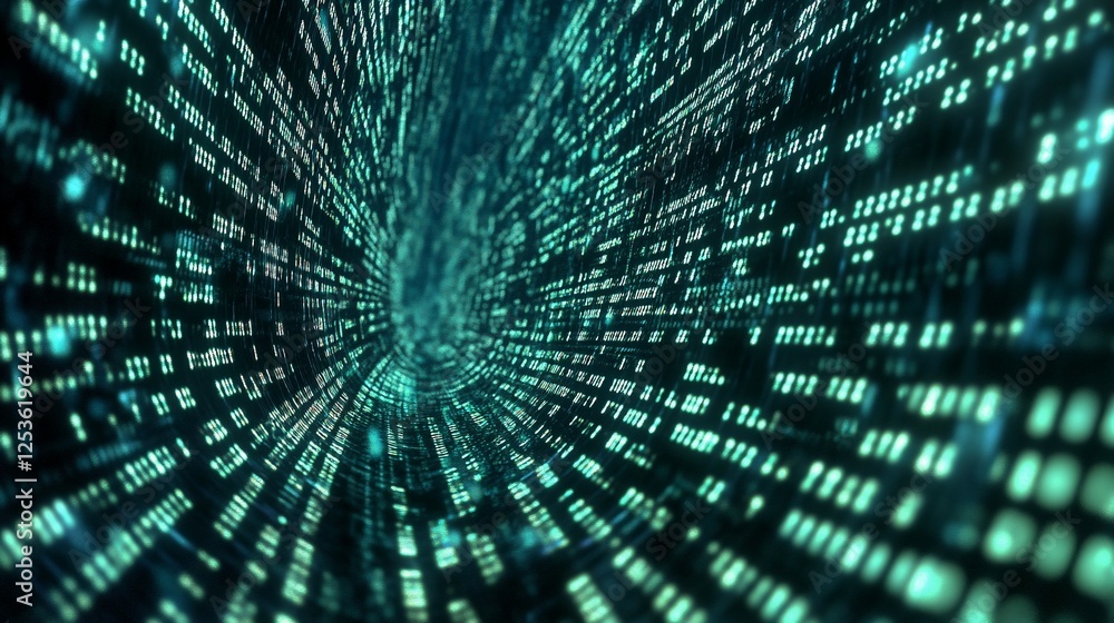 Abstract digital tunnel of teal binary code data stream. Abstract digital tunnel of teal binary code data stream.