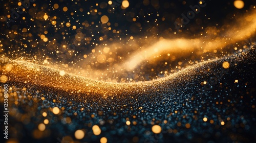 A mesmerizing wave of golden and blue particles creating a dynamic, ethereal atmosphere.
