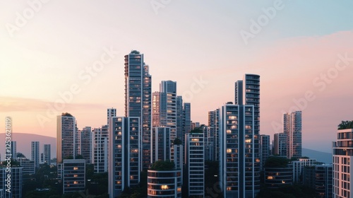 Modern City Skyline at Dusk with Colorful Reflections and Lights